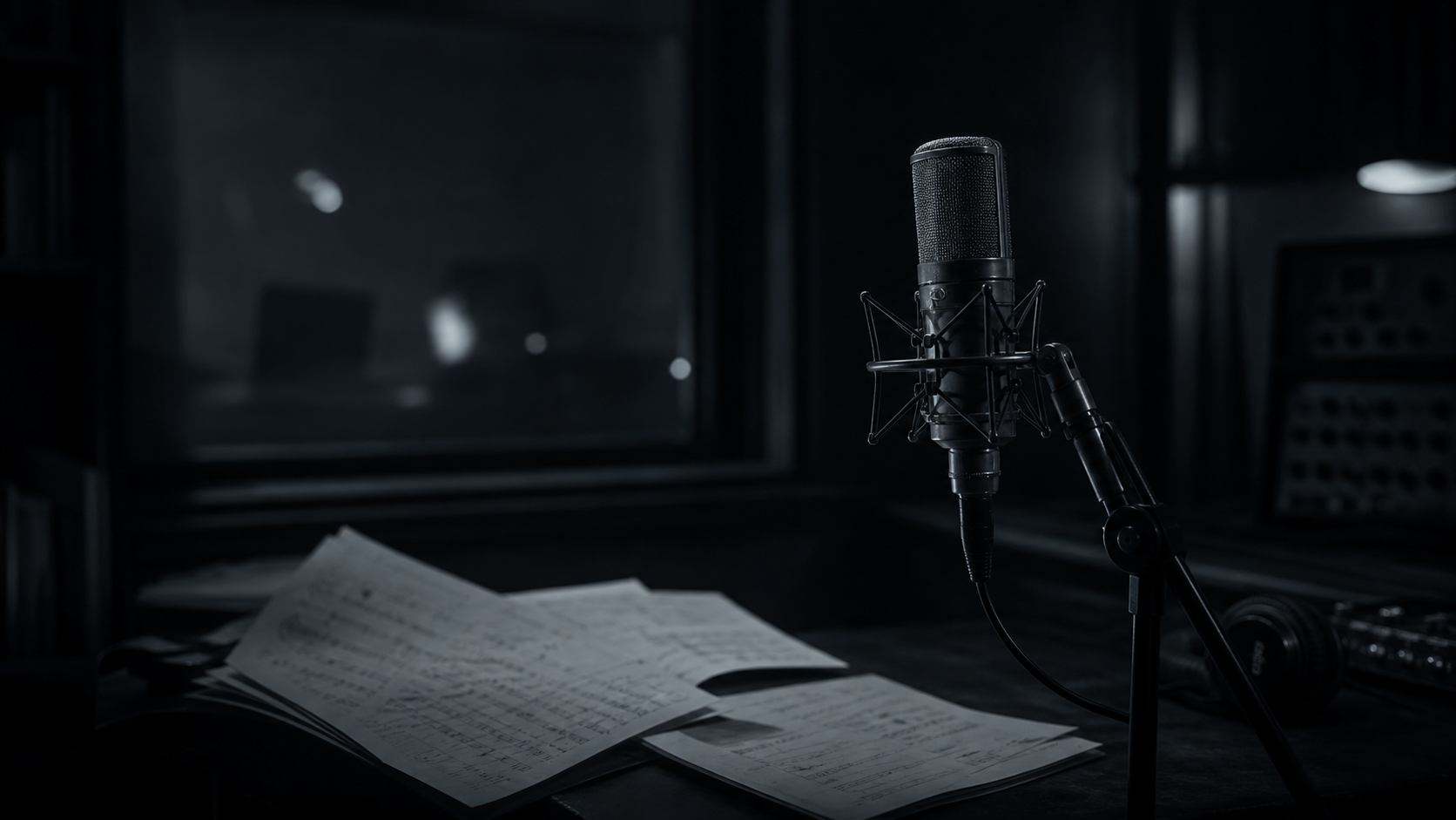 Studio microphone and music papers